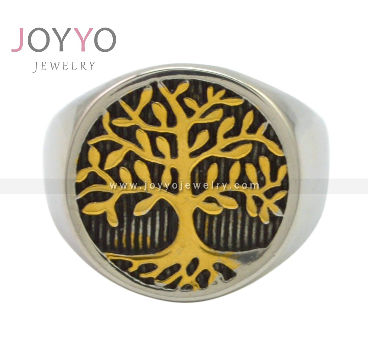 Trendy Round Gold Tree Ring Customized 316L Stainless Steel Tree of Life Signet Ring for Men Women supplier