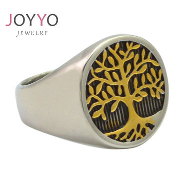Trendy Round Gold Tree Ring Customized 316L Stainless Steel Tree of Life Signet Ring for Men Women supplier