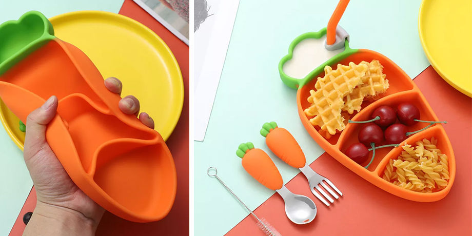 Carrot Baby Suction Silicone Dinner Plate Dish Divided Plates Set Kids Baby Silicone Dinnerware Set supplier